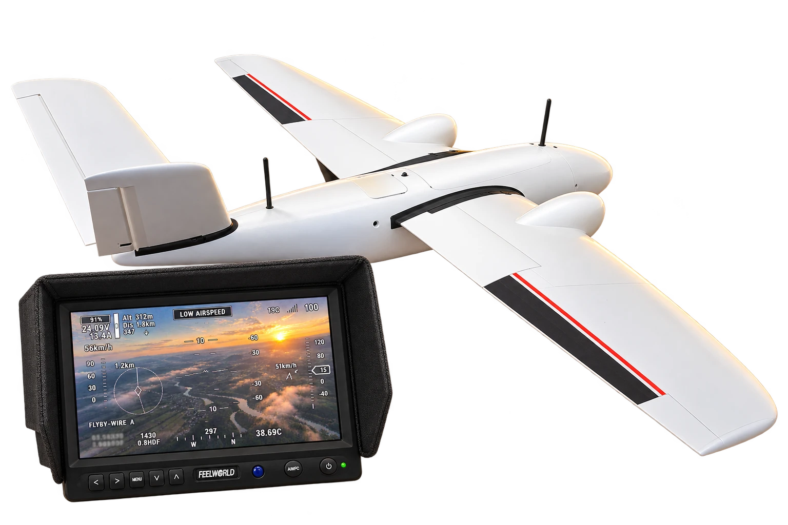Drone à voilure fixe et moniteur de pilotage FPV