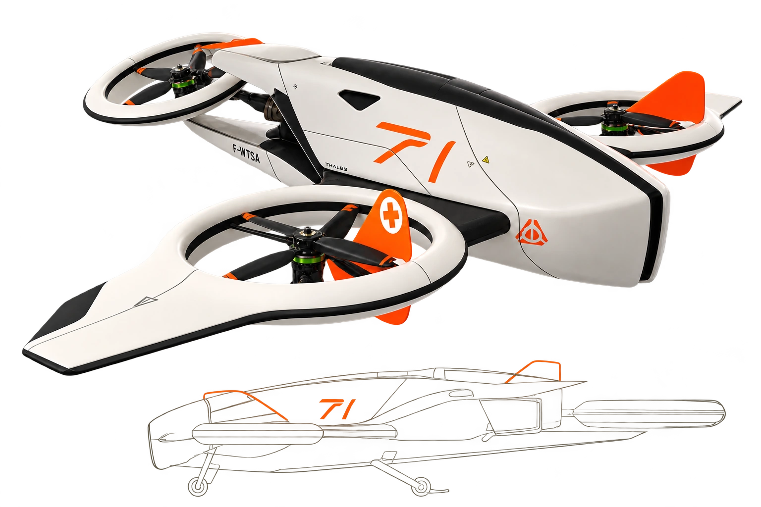EVA : prototype à trois rotors carénés et dessin de profil du concept